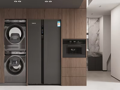 Modern Kitchen Interior With Black Refrigerator Stacked Washing Machine Oven And Wooden Cabinets 3d model