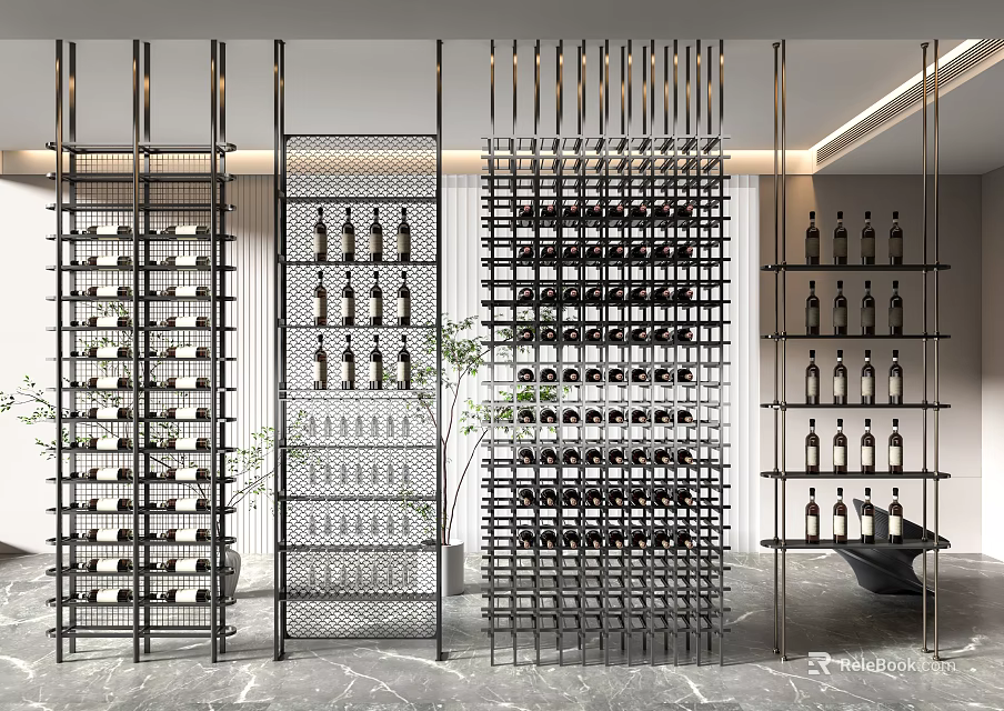 Modern Wine Cabinet Interior With Metal Frame Multiple Shelves Bottles And Green Plants 3d model 