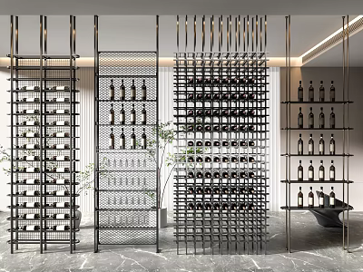 Modern Wine Cabinet Interior With Metal Frame Multiple Shelves Bottles And Green Plants 3d model