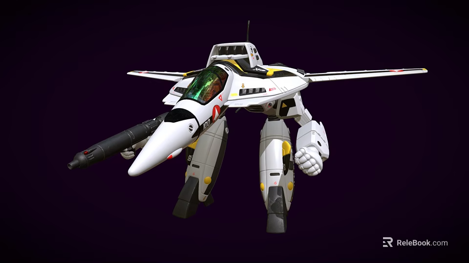 White Mechanical Robot In Fighter Jet Design With Weapon And Arm Features 3d model 
