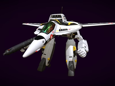 White Mechanical Robot In Fighter Jet Design With Weapon And Arm Features 3d model
