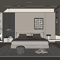 Modern Bedroom Interior Design With Bed Decorative Artwork Nightstands Green Plants And Rug
