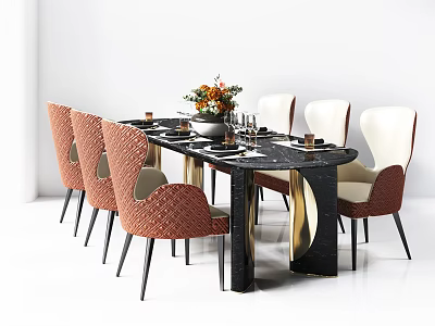 Luxury Dining Table Set With Black Marble Top Gold Accents And Red Upholstered Chairs 3d model