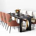Luxury Dining Table Set With Black Marble Top Gold Accents And Red Upholstered Chairs