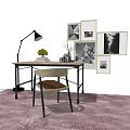 Stylish Wooden Desk With Comfortable Chair Green Plant Books Wall Art Floor Lamp And Rug
