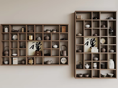 Traditional Chinese Wooden Bogu Shelf Displaying Teapots And Calligraphy Decorative Items 3d model