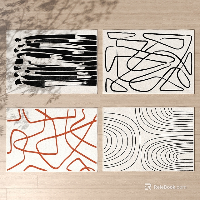 Square Rugs With Abstract Line Designs And Wave Patterns In Black Orange Tones 3d model 