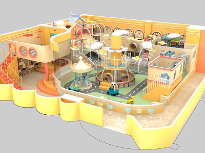 Colorful Indoor Playground With Slides Toy Cars Rotating Structure Climbing Frames And Yellow Railings 3d model