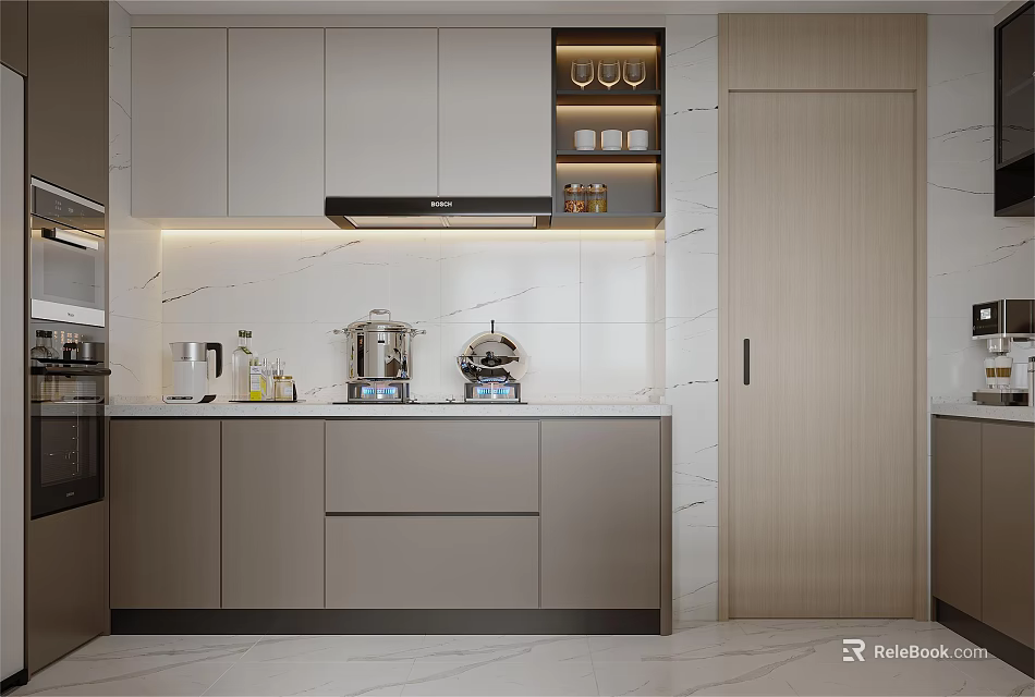 Modern Kitchen Interior Design With Sleek Cabinets Countertop Built In Shelves And Appliances 3d model 