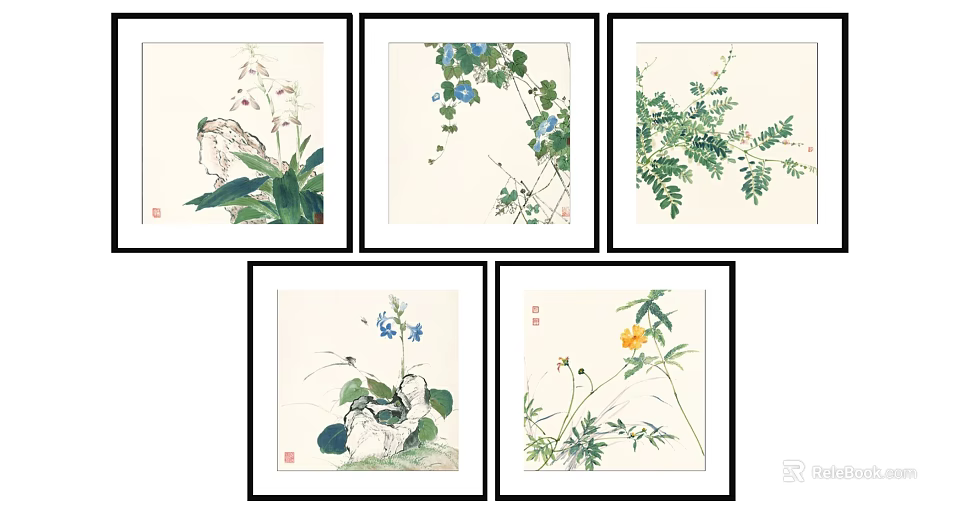 Collection of Botanical Plant Paintings With Various Leaves Flowers And Artistic Details 3d model 
