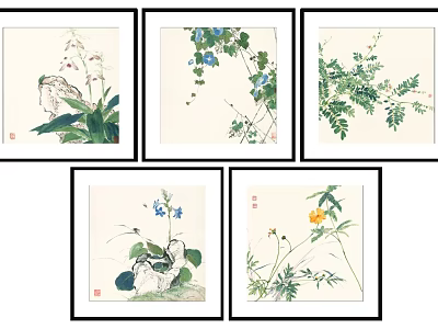 Collection of Botanical Plant Paintings With Various Leaves Flowers And Artistic Details 3d model
