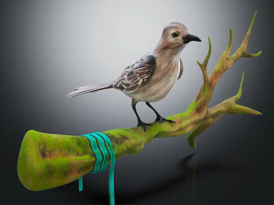 Gray Bird Perched On Green Moss Covered Branch With Teal Ribbon Tied Around 3d model