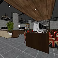 Modern Internet Cafe Interior Design With Computers Tables Chairs And Chandeliers 3d model