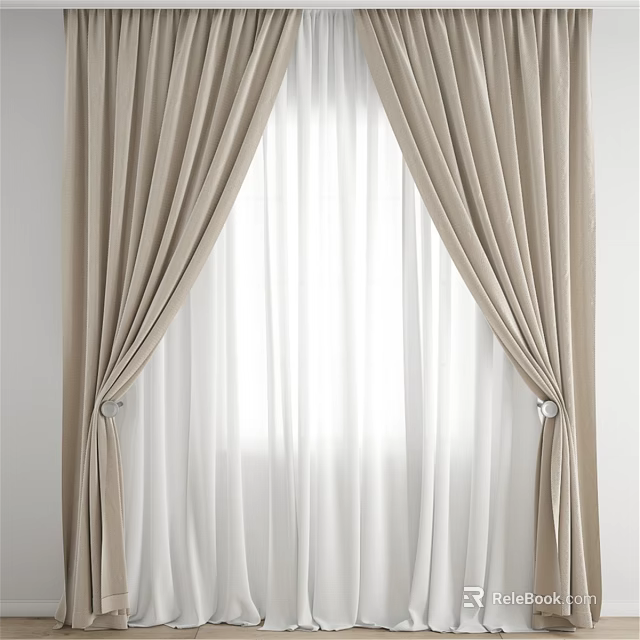Beige Curtains Layered With White Sheer Curtain Soft Draped Design For Natural Light 3d model 