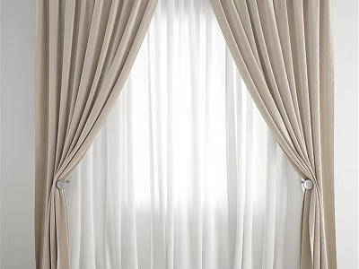 Beige Curtains Layered With White Sheer Curtain Soft Draped Design For Natural Light 3d model