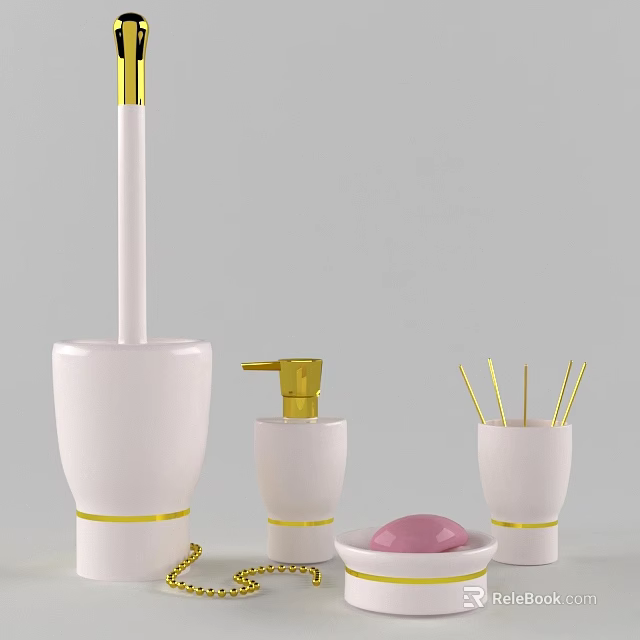 Modern White Gold Bathroom Accessories with Toilet Brush Soap Dispenser Toothbrush Holder Soap Dish 3d model 