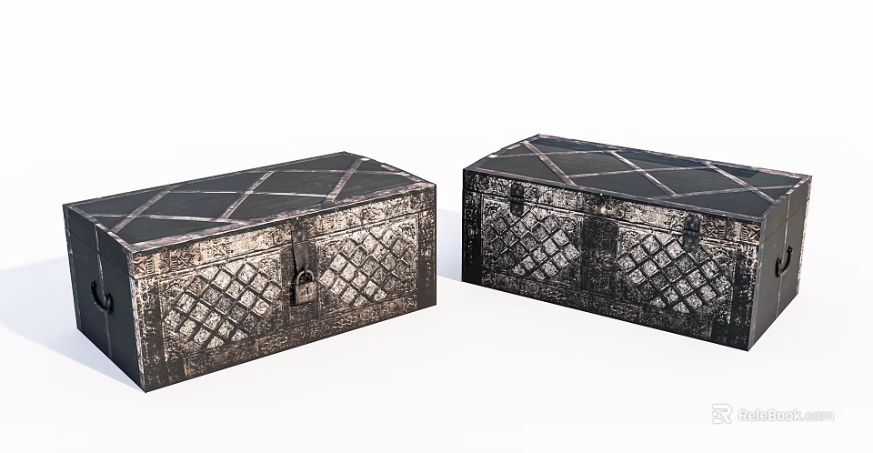 Vintage Decorative Trunks With Metal Accents Grid Pattern And Lock Closure 3d model