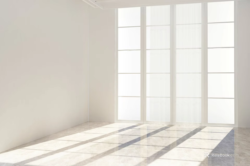 White Room With Large Windows And Sunlight Shining On Marble Floor 3d model 