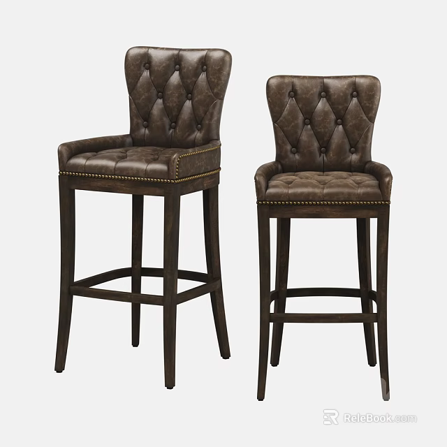 Dark Brown Leather Bar Stools With Tufted Diamond Stitching And Wooden Legs 3d model 