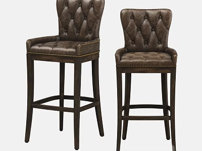 Dark Brown Leather Bar Stools With Tufted Diamond Stitching And Wooden Legs 3d model