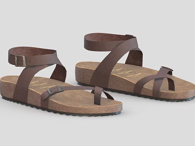 Brown Leather Sandals With Adjustable Buckle Cross Straps And Comfortable Soft Sole Casual Footwear 3d model