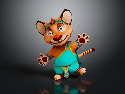 Cute Cartoon Tiger Character In Blue Outfit With Green Headband And Outstretched Paws 3d model