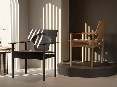 Modern Black And Wooden Dining Chairs Display Interior Design With Sunlight 3d model