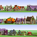 Colorful Cartoon Scenery with Mushroom House Pumpkin Carriage and Various Rooftop Buildings