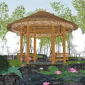 Scenic Park Landscape With Bamboo Thatched Pavilion Lotus Pond And Stone Benches