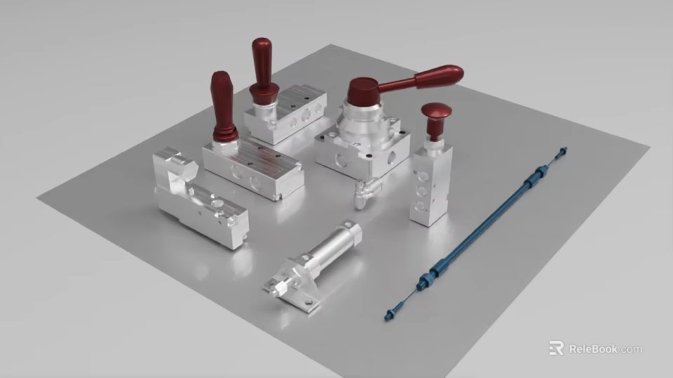 Industrial Equipment Metal Components With Red Handles And Precision Mechanical Parts 3d model 