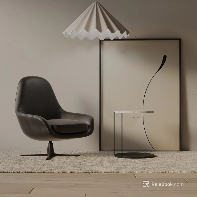 Black Leather Leisure Chair With Clear Side Table Decorative Painting And Pendant Light 3d model 