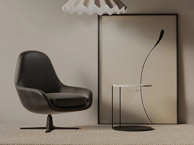 Black Leather Leisure Chair With Clear Side Table Decorative Painting And Pendant Light 3d model