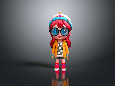 Cartoon Woman With Red Hair Large Glasses Polka Dot Top Yellow Coat Red Shoes 3d model