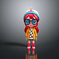 Cartoon Woman With Red Hair Large Glasses Polka Dot Top Yellow Coat Red Shoes