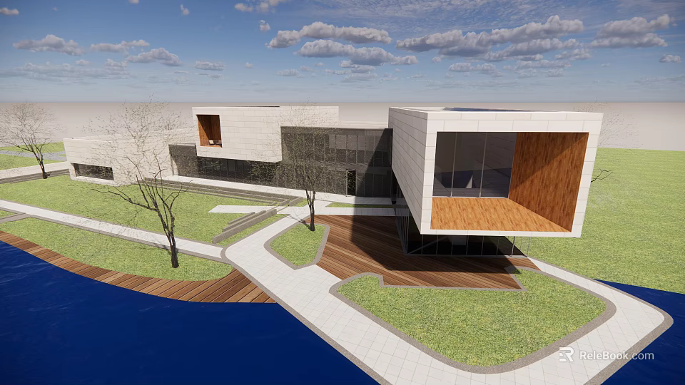 Modern Geometric Building Exterior White Dark Facade Lawn Trees Wooden Deck Water And Cloudy Sky 3d model 