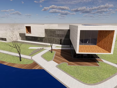 Modern Geometric Building Exterior White Dark Facade Lawn Trees Wooden Deck Water And Cloudy Sky 3d model