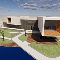 Modern Geometric Building Exterior White Dark Facade Lawn Trees Wooden Deck Water And Cloudy Sky