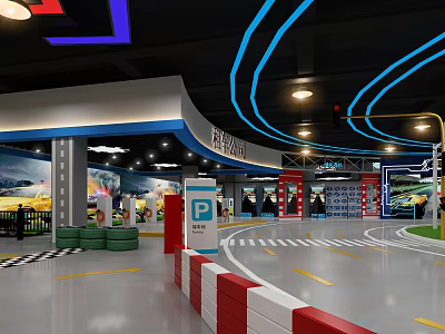 Race Car Themed Indoor Playground With Track Parking Sign Tire Decorations And Colorful Lights 3d model