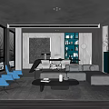 Modern Office Interior with Open Workspace Green Chairs White Sofa Bookshelf And Floor-to-Ceiling Windows