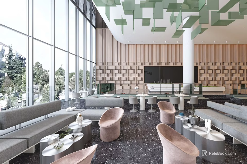 Modern Sales Office Interior With Glass Windows Green Ceiling Decor And Seating Area 3d model 