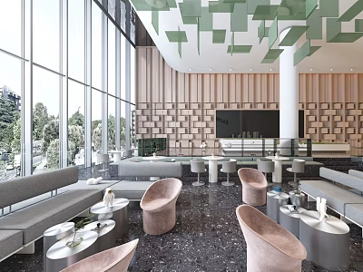 Modern Sales Office Interior With Glass Windows Green Ceiling Decor And Seating Area 3d model