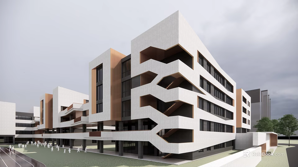 Modern School Building With Geometric Staircases White Brown Facade And Outdoor Lawn Area 3d model 