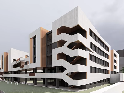 Modern School Building With Geometric Staircases White Brown Facade And Outdoor Lawn Area 3d model
