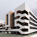 Modern School Building With Geometric Staircases White Brown Facade And Outdoor Lawn Area