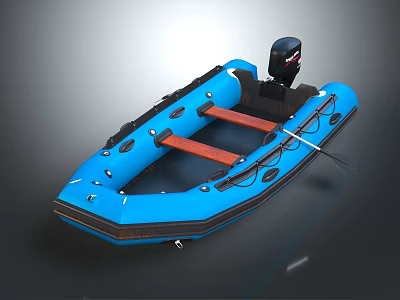 Blue Inflatable Boat With Black Outboard Motor Orange Wooden Seats And Paddle 3d model