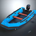 Blue Inflatable Boat With Black Outboard Motor Orange Wooden Seats And Paddle