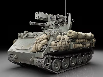 Military Armored Vehicle With Tracked Chassis Turret And Side Mounted Equipment Bags 3d model