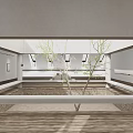 Minimalist Cultural Center Interior With Wooden Floor And Small Tree Design