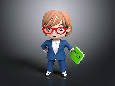 3D Doll With Brown Hair Red Glasses Blue Suit Holding Green Book With CGI Text 3d model