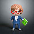 3D Doll With Brown Hair Red Glasses Blue Suit Holding Green Book With CGI Text
